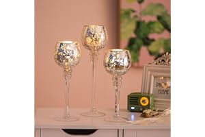 Romadedi Portacandele in vetro argento – portacandele portacandele decorativo mercurio, set da 3 pezzi, 23,5 x 25,5 x 31,5 cm, per candeline votive, per soggiorno, decorazione da tavolo matrimonio