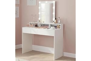 VASAGLE KAILYN Collezione - Toeletta, Luce LED con Luminosità Regolabile, Tavolo da Trucco con Specchio, 2 Cassetti e 3 Scomparti, Postazione Trucco, Moderno, Bianco RDT164W01