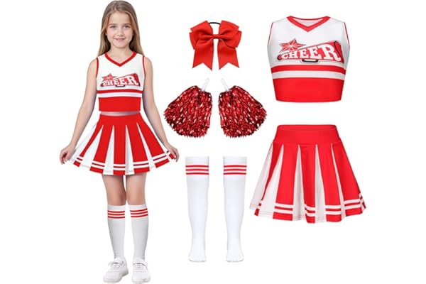 Deguisement Pompom Girl Deguisement Cheerleader avec Pom Poms Nœud Et Chaussettes Costume De Cheerleader Enfant Uniforme de Pom-Pom Girl Pour Carnaval Cosplay Mascarade Halloween FêTe Performance