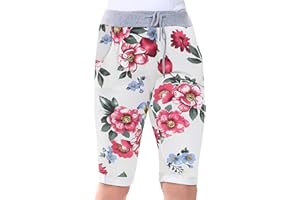 Love My Fashions® Women's Italian Shorts Ladies Summer Cotton Turn-Up 3/4 Cropped Printed Trousers Elasticated Drawstring Knee-Length Denim Magic Shorts