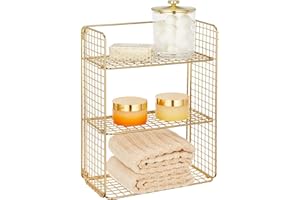 mDesign Repisa de pared con 3 niveles – Baldas para baño de alambre metálico – Cesta de alambre para toallas de baño, champú y más – Estantes de metal con diseño de rejilla – dorado latón