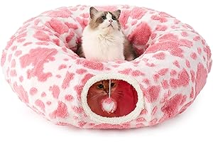 COZY KISS Cat Tunnel with Bed for Indoor Cats, Large Cat Tunnel with Two Entrances, Cat Cave, Cat Play Tunnel in Doughnut Shape, Suitable for Kittens/Puppies/Rabbits (Pink & White, 85 D)