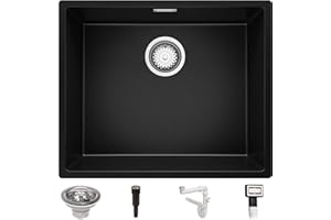 Fregadero bajo Encimera 56 x 47 cm, Fregadero Granito Un Seno + Sifón Pop-Up, Fregadero Cocina London 60 de Primagran, Negro