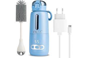 IDALY Chauffe Biberon Nomade Sans Fil - Chauffe Lait/Eau Portable Pour Voyage, Voiture-Charge USB, Capacité 300ml-Température Réglable 37 à 55°C + Maintien-Cadeau Naissance Nouveau Né, Fille, Garcon (BLEU)