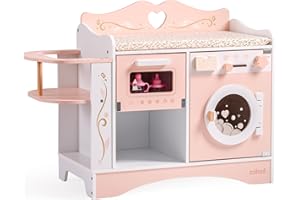 ROBUD Wooden Doll Changing Station, 4-in-1 Toddler Dolls Pretend Changing Table with Washing Machine & Bottler Sterilizer, Storage & Doll Seat, Accessories for dolls under 20”, Gift for Kids Pink