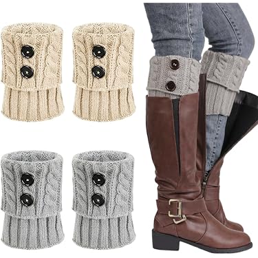 VEGCOO 4 Paia Polsini Invernali Per Stivali Donna - Scaldamuscoli Uncinetto E Maglia, Caldi Ed Eleganti (Nero, Beige, Bianco, Grigio)