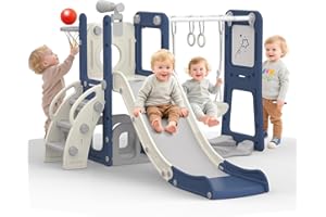 ‎HOOPYOSMS hoopyosms 7-in-1 Kids Slide and Swing Set with Climbing Frame, Monkey Bars, Basketball Hoop, Rings, Telescope & Drawing Board, Indoor Playground for Toddlers(Blue)