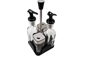 Gojoy shop - Juego de aceitera, vinagrera, salero y pimentero, de vidrio y acero inoxidable, antigoteo, fácil de limpiar.