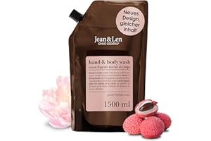 Jean & Len Nettoyant pour les mains et le corps Pivoine & Litchi, parfum fleuri et délicat, savon liquide en recharge, sans parabènes, silicones & microplastiques, végétalien, 1,5L