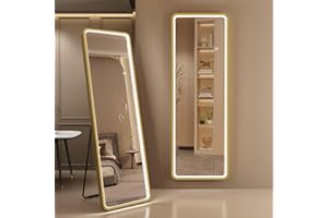 ‎S'BAGNO S'bagno Ganzkörperspiegel mit Beleuchtung 160x50 cm, Aluminiumrahmen, Spiegel Groß Dimmbar & 3000-6500K & Memory-Funktion, Verstärktes Glas, Standspiegel für Ankleidezimmer und Schlafzimmer, Goldene