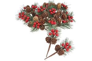 com-four® 20x Deko-Zweig mit Lärchenzapfen, roten Beeren und Baumnadeln - Streudeko weihnachtlich - Dekozweig für Kränze und Gestecke (20 Stück - rote Beeren Natur)