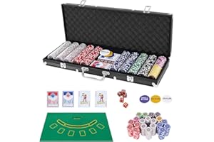 HOMASIS Jeu de Poker Avec Jetons Laser - Coffret Avec 2 Jeux de Cartes, 5 Dés, 1 Bouton de Croupier - Serrure Incluse - Pour Fêtes (Noir, 500 Jetons)