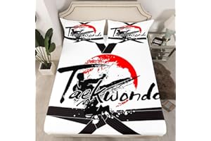 MANFEI Taekwondo Kids Fitted Sheet Single Size, Sports Theme Bed Cover with 1 Pillowcase, Japanese Style Bedding Set 2pcs for Boys Girls Teens Adult Room Decor, Soft Polyester Bedding