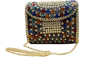 Elevanty - Bolso clutch lujo, cartera de mano de fiesta con tachuelas y piedras, cierre de metal. Cadena de metal elegante. Bolso hindúl, fiesta, diario, hecho a mano. Cosas hindús