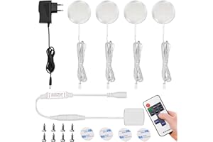 ALFFREUDE LED Lampe Sous Meuble Cuisine Rond Ultra Slim, Lot de 4 Lampe de Placard, 3000K Blanc Chaud 2.5W 12V Éclairage LED Cuisine Sous Meuble avec Telecommande pour Placard, Contrer, Cuisine