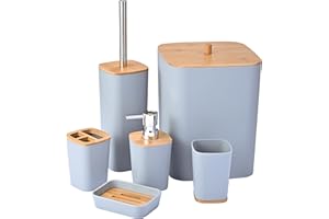 Yorkmills Bamboo Bathroom Accessories set, 6 Pieces Bathroom Accessory Set, Bathroom Bin And Toilet Brush Set, Durable Toothbrush Holder Cup, Soap Dispenser With Pump, Soap Dish Holder