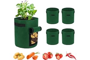 Ohiyoo 5 Pack Potato Grow Bags, 10 Gallon Vegetable Growing Bags with Window Flap and Handles, Breathable Felt Nonwoven Fabric Growing Bag for Tomatoes, Garden Flower Pots Plant Planting Containers