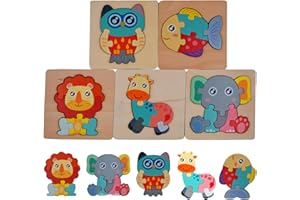TLHWIN Drewniane puzzle dla dzieci 5-częściowe puzzle ze zwierzętami Montessori, drewniany zestaw zabawek dla dzieci dla dzieci w wieku od 1 roku życia (zwierzę)