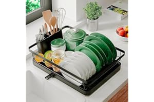 Marctani Scolapiatti da Appoggio per Lavello ACCIAIO INOX - Scola Piatti da Cucina di ALTA CAPACITÁ - Colapiatti Removibile con Scarico 360º ESTENSIBILE (1L Nero)