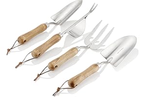 Kingswood Green® 4-Piece Garden Tool Gift Set | Ash Wooden Handles | Trowel, Hand Transplanter, Weeder & Fork | Made with Stainless Steel
