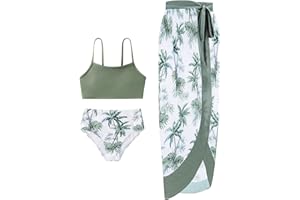 ESHOO Youth Girls Swimsuits 3 Pieces Bikini Bathing Suit with Cover Up Skirt Wrap Sets Kids Tropical Floral Bikini Swimsuits Beach Swimwear for Teen Girls