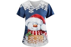 GRACEYO Damen Weihnachten Motiv Bunt Pflege Kasack Kurzarm V-Neck Krankenhaus Schlupfhemd Berufsbekleidung Atmungsaktiv Krankenpfleger Kasack Pflege Bluse Arzt Uniform Krankenschwester Kleidung Mit Taschen