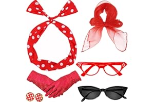 HEAWAA Akcesoria do kostiumów z lat 50., zestaw kostiumów z lat 50. XX wieku z rękawiczkami z elastanu w kropki, bandana, 2 pary, okulary do uszu na imprezę karnawałową