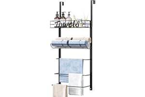 SWTYMIKI Over Door Towel Rack - 5 Tier Towel Storage Rack Wall Mounted with Metal Shelf, Over Door Towel Rail, Space-Saving Bathroom Towel Storage, Multi-Functional Bathroom Accessories, Black