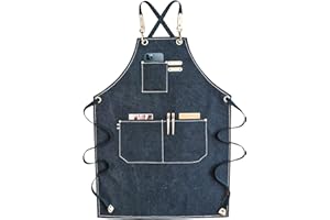 RAPRON Tablier Homme Barbecue/Cuisine, Tablier en Denim pour Travail Lourd Imperméable Réglable avec Sangles en Cuir Croisées Sur le Dos avec 3 Poches Restaurant Café Bleu