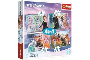 Trefl - Kraina Lodu, Niezwykły świat Frozen - Puzzle 4w1, 4 Układanki, od 12 do 24 Elementów - Puzzle z Bohaterami Bajki Disney Frozen 2, Różny Stopień Trudności, Rozrywka, dla Dzieci od 3 lat