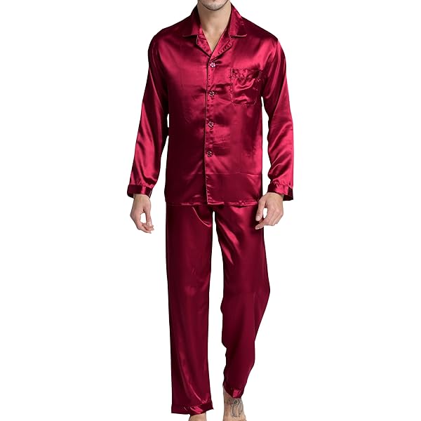 RuanMM Herenpyjamaset van zijdeachtig satijn, bovendeel met lange mouwen en lange broek, zijdeachtige nachtkleding voor heren, zwart 01, L