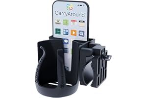 Pram Cup & Large Phone Holder, [MADE IN UK] by CarryAround, Stroller, Pushchair, Buggy, Wheelchair, Walker, Tumbler, Coffee, Baby Bottle, Built to last, Strong Universal Clamp, Golf Cart