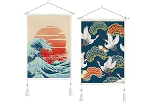 Ortigia Lot de 2 tapisseries japonaises avec pompons - Grande vague Décoration murale Soleil rouge Grue japonaise pour chambre à coucher 35 x 50 cm