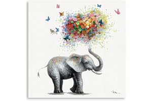 Yidepot Butterfly Elephant Wall Art Print: Colorful Heart Shaped Balloon for Kids' Nursery Wall Decor Canvas Framed Ready to Hang (30x30cm)