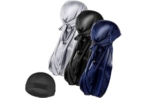 Molain Lot de 3 Bonnets ondulés en Soie pour Homme et 1 Bonnet Durag Soyeux avec Longue Queue de Cheval élastique Doux Respirant ondulé Parfait pour Les Vagues à 360/720