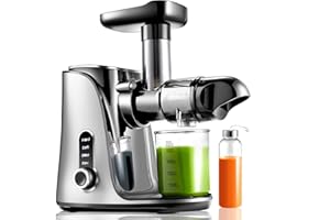 AMZCHEF Extracteur de Jus avec Double Vitesse Modes (Soft et Hard) - Extracteur de Jus de Fruits et Légumes - Juicer Machine avec Bouteille à jus Portable et 2 Tasses - Argent