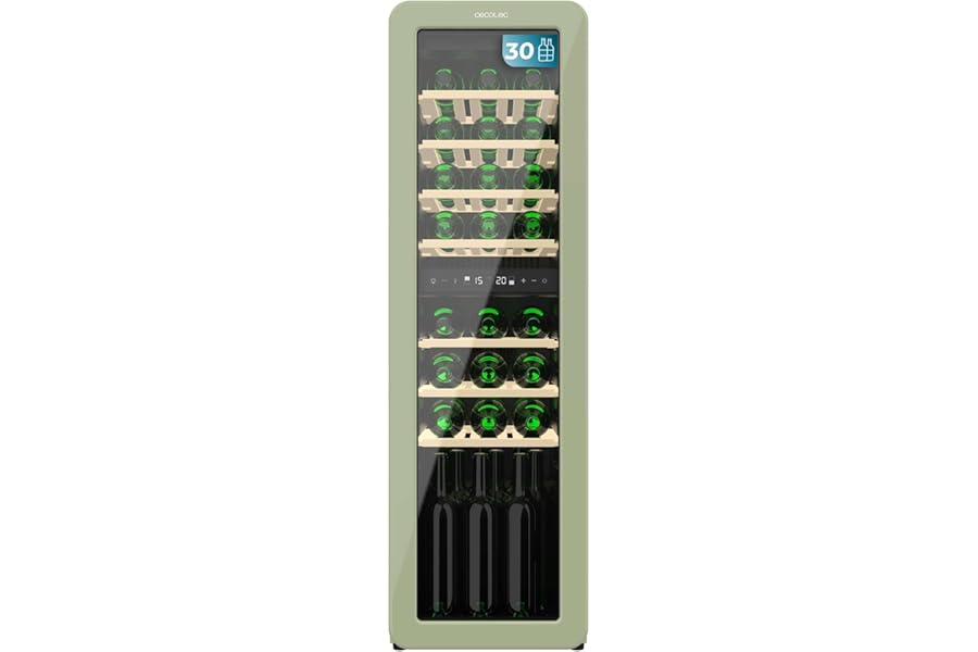 Cecotec 30 Bottles Retro Bolero Grandsommelier Origin Duo 30 Hit Green Finish with 2 Temp Zones (5-12ºC, 12-20ºC), LED Control, NoFrost, Wooden Shelves, Interior Light