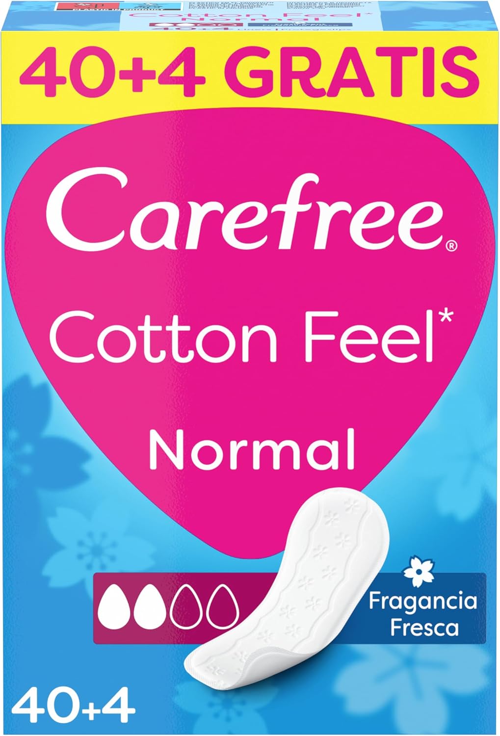 Carefree Cotton Feel Normal Fragancia Fresca Protegeslips (40 + 4 unidades), protegeslips absorbentes y transpirables sin fragancia, protege slips para todo tipo de braguitas