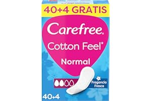 Carefree Cotton Feel Normal Fragancia Fresca Protegeslips (40 + 4 unidades), protegeslips absorbentes y transpirables sin fragancia, protege slips para todo tipo de braguitas