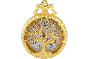 Tiong Pocket Watch Hollow Tree of Life Design Roman/Arabic Numerals Quartz Pocket Watches with Chain Pendant for Men Women