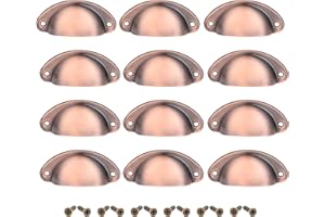 DRELD 12Pcs Retro Drawer Cabinet Door Handles, Shell Cup Pulls Cupboard Antique Furniture Brass Handles with 24Pcs Screws (Red Bronze Brushed)