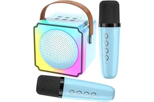 Joycome Máquina de Karaoke con 2 Micrófonos Inalámbricos, Altavoz Efectos Cambiador de Voz y Luces LED, Karaoke Completo Portátil Soporte Tarjeta TF, AUX, USB para Infantil, Adultos - Azul