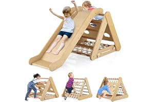 GOPLUS Triangle d’Escalade Montessori Enfants avec Filet à Grimper, Planche et Échelle,Pierres avec Toboggan, Charge 50KG,Aire de Jeux Intérieur pour Bébé 1 an+(Naturel)