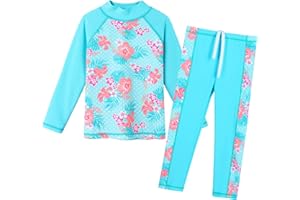ZNYUNE Girls 2PCS Leaves Printed Swimwear Long Sleeve Swimsuit Set Kids Bathing Suit Swimming Costume for Age 3 to 10 Years