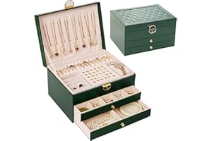 Bigingjia Jewellery Box for Women and Girls,3-Layer Jewellery Organizer with Jewelry Organizer Drawer, Earring Storage Organiser, Velvet Lining, Lockable Boxes & Organisers -Green