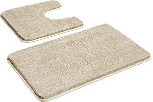 Myting Bathroom Mat Sets 2 Piece, Non Slip Washable Bath Mat, Soft Microfibre Bathroom Rug and Toilet Mat 50x80+50x50 cm, Beige