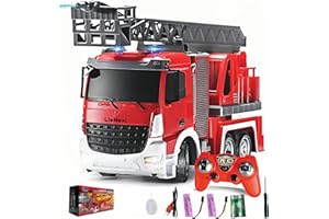 LioMaxi Scala 1:24 telecomandata Giocattolo camion pompieri,con pompa spruzzatrice d'acqua, Camion pompieri radiocomandato con scala estensibile e luci, Scala girevole Manuale, Ricaricabile,Rosso