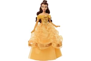 Mattel Disney Princess Belle glittrande modedocka | Poserbar docka i klassisk look med avtagbar klänning, skor, halsband och