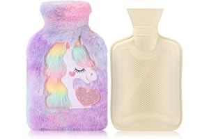 YNREDEE Hot Water Bottle with Cover,Removeable & Washable Soft Unicorn Plush Bottle Cover Warm in Winter,Natural Rubber 1 L for Neck,Waist,Back,Legs,Shoulder (Purple)