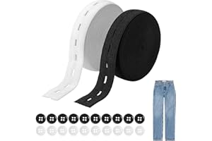 VULCYXA 2 Rollos Cinta Elastica Costura para Pantalones, Banda Ojal Elástica 15mm x 16m, Cinta Elástica de Alta Elasticidad con 20 Botones para Ropa, Costura DIY, Manualidades, Faldas, Jeans